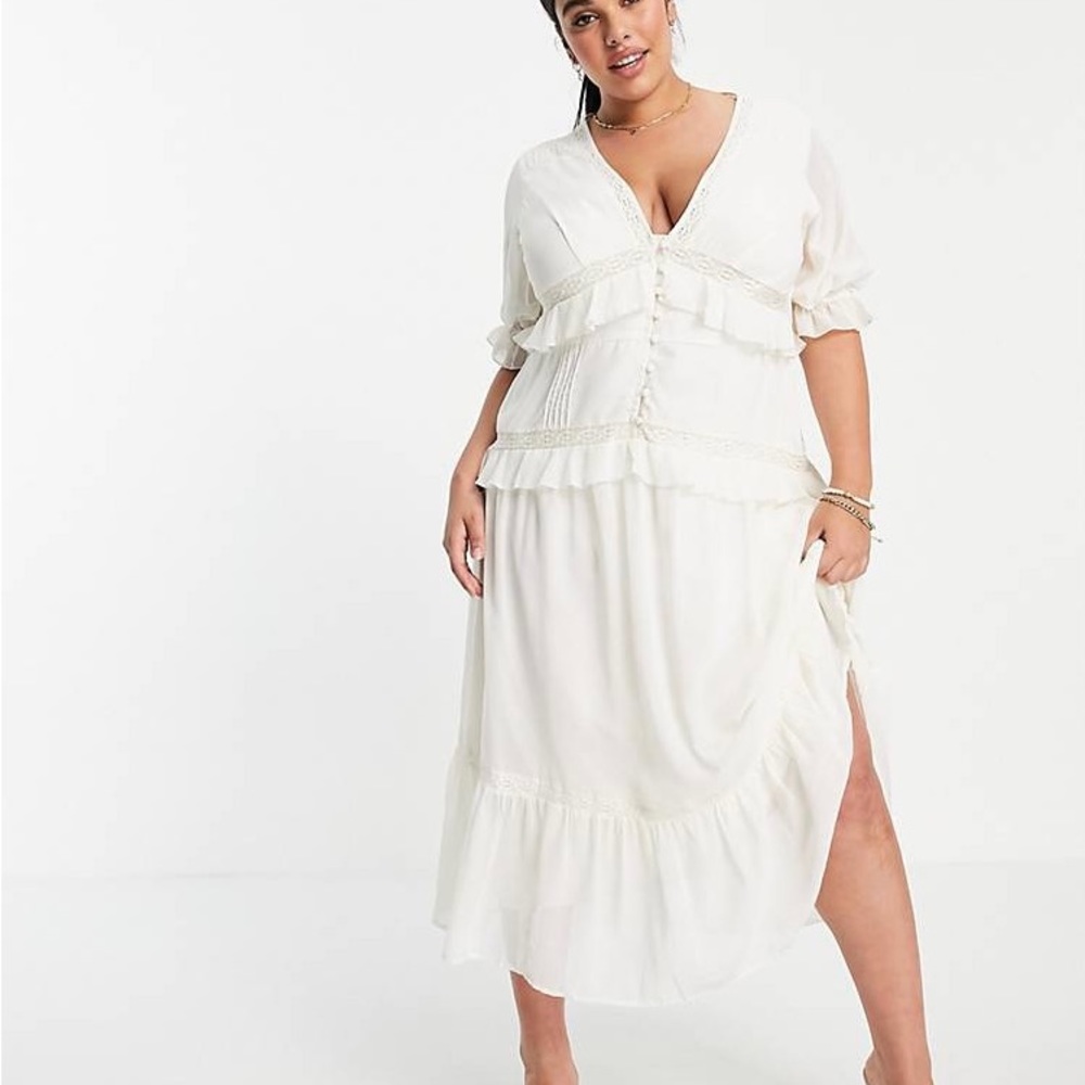 NWOT ASOS Boho Chiffon Tiered Ruffle Maxi Dress with Pleated and Lace Details